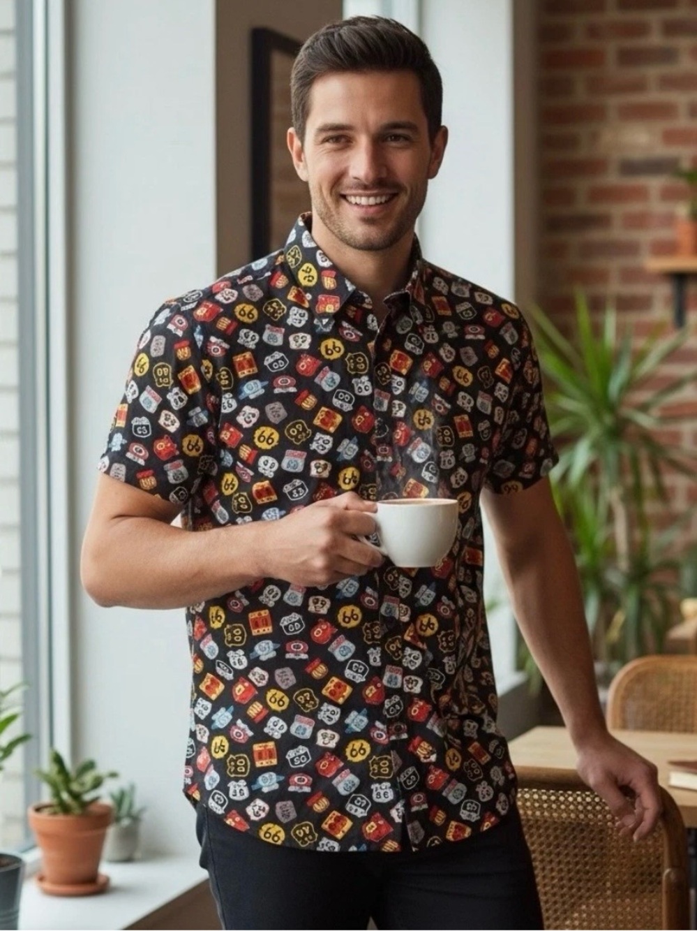 Disney Parks Mens Route 66 Road Sign Rayon Button Down Shirt Black Small S Cars